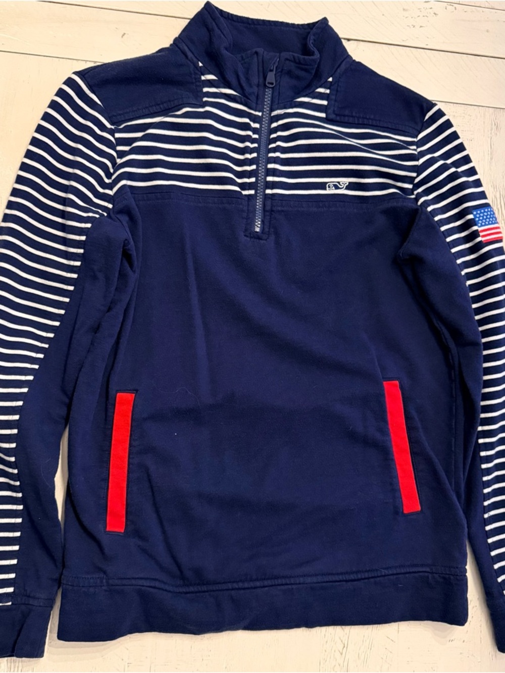 Boys XS Vineyard Vines Navy Half-Zip Striped Pullover with Red Accents